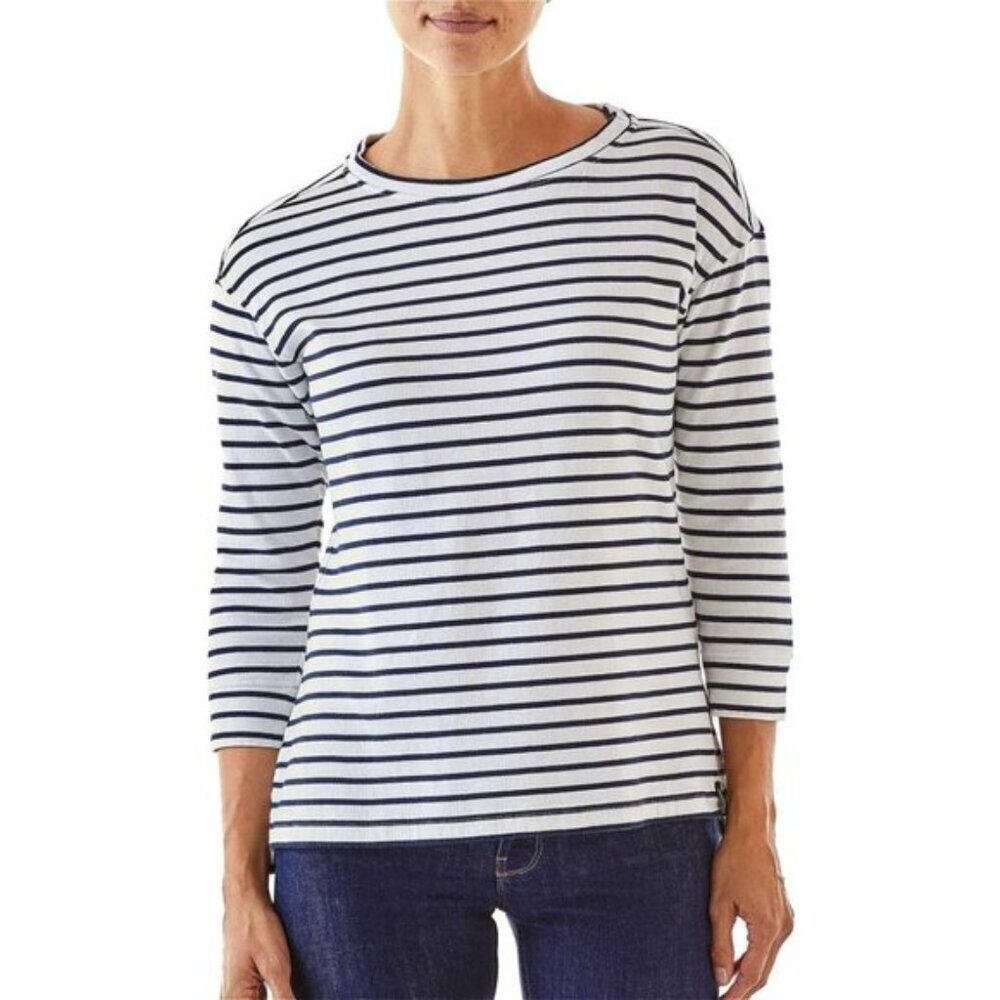 Patagonia Misty Meadow Top 3/4 Sleeve T-Shirt White with blue stripes Size Small